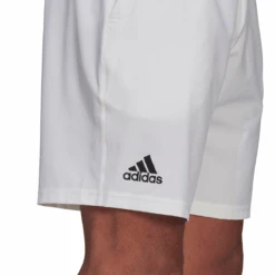 Adidas Men's Club Stretch Woven 7-Inch Shorts (White/Black) -Racquetguys GH7222 APP on model detail 2 white