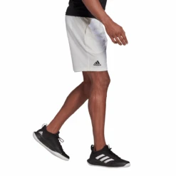 Adidas Men's Club Stretch Woven 7-Inch Shorts (White/Black) -Racquetguys GH7222 APP on model walking white