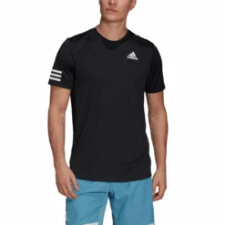 Adidas Men's 3 Stripes Club Top (Black) -Racquetguys GL5403 APP on model front white