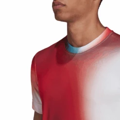 Adidas Men's Melbourne FreeLift Printed Top (White/Vivid Red/Black) 19 Adidas Men's Melbourne FreeLift Printed Top (White/Vivid Red/Black) -Racquetguys H67126 APP on model detail 2 white