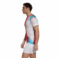 Adidas Men's Melbourne FreeLift Printed Top (White/Vivid Red/Black) 15 Adidas Men's Melbourne FreeLift Printed Top (White/Vivid Red/Black) -Racquetguys H67126 APP on model side white