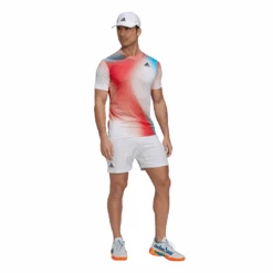 Adidas Men's Melbourne FreeLift Printed Top (White/Vivid Red/Black) 17 Adidas Men's Melbourne FreeLift Printed Top (White/Vivid Red/Black) -Racquetguys H67126 APP on model standard outfit white