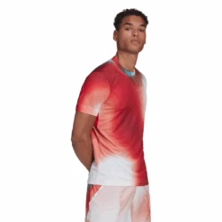 Adidas Men's Melbourne FreeLift Printed Top (White/Vivid Red/Black) 16 Adidas Men's Melbourne FreeLift Printed Top (White/Vivid Red/Black) -Racquetguys H67126 APP on model walking white